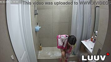 Luuv Brunette Shares Sexy Shower Routine Flashing Natural Tits Voyeur Style