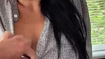 brunette babe fucked hard on kitchen table swallows cum