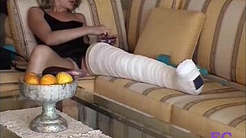 kinky german blonde punished outdoors stairs cast leg nylon spanking bdsm