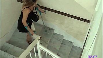 kinky german blonde punished outdoors stairs cast leg nylon spanking bdsm