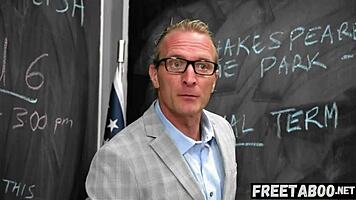 Bratty blonde student spanked hard for phone use in rough classroom creampie scene.