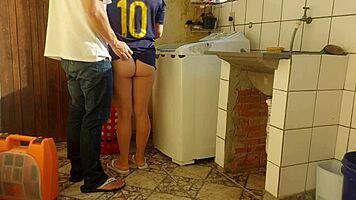 Married Brazilian housewife pays repairman with her fat juicy pussy close-up.