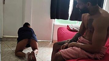 naughty hotel maid works naked and client pounds her huge tits asshole deepthroat creampie