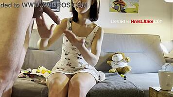 hot skinny brunette teases huge cock in kitchen living room edges him endlessly