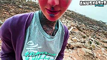 Skinny goth punk gives sloppy public blowjob facial cumshot outdoors