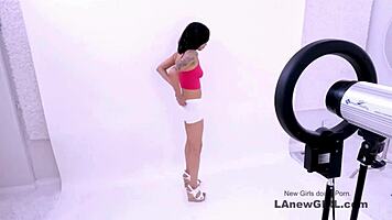 Petite brunette teen model auditions with intense sofa pov pounding