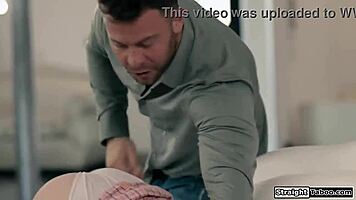 Petite blonde teen with shaved pussy gets dominated spanked and facefucked roughly by older man
