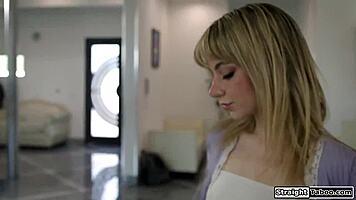Petite blonde teen with shaved pussy gets dominated spanked and facefucked roughly by older man