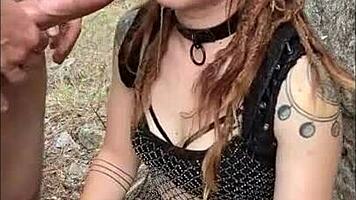 nerdy redhead drools sloppy on huge cock in festival outfit