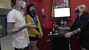 mei pang and john lemon's cock piercing threesome ends with a messy cumshot explosion