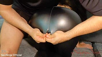 curvy brunette in leggings gets punished hard doggystyle creampie for stealing big cock riding