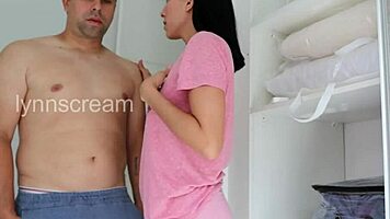 Hey boss, that petite latina cleaning slut spreads shaved pussy and rides cock to creampie moaning wild.