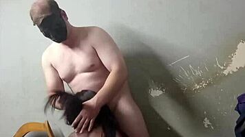 masked guy pounds petite teen standing then bends her for doggystyle after blowjob