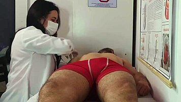 Nurse and esthetician watch patient's massive erection lead to steamy brunette banging session