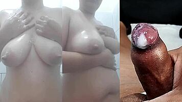 My small foreskin cock spurts best while she cums on her wet pussy and tits