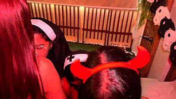 Tiazinhah's Halloween Lesbian Lickfest with Wet Friends in Costumes