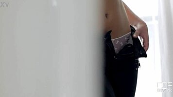 eager brunette teases in tight lingerie