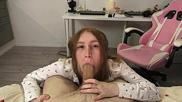 redhead college student deepthroats teacher's big cock for better grades