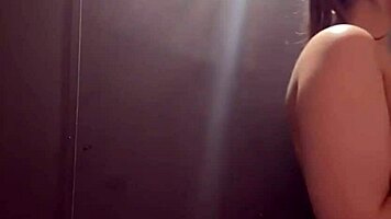 Blonde teen flashes natural tits publicly with nipple clamps