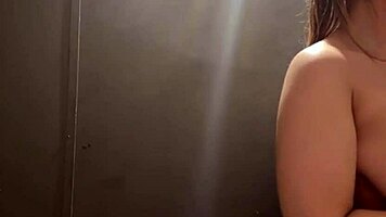 Blonde teen flashes natural tits publicly with nipple clamps