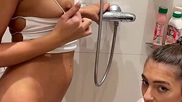 lesbian shower turns sloppy double blowjob cum swap pov