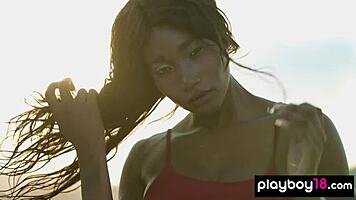 smoking hot ebony teen strips wildly on rooftop!