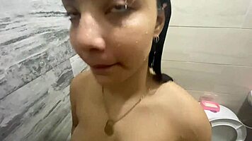 Big natural tits babe strokes huge cock in steamy shower