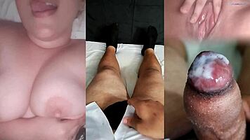 Ex-girlfriend fingers tight pussy soaking wet while stroking small cock nearby