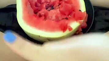 arab teen stuffs watermelon in tight pussy squirting