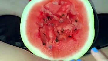 arab teen stuffs watermelon in tight pussy squirting
