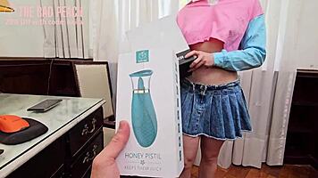 Neighbor girl next door babe tests handy stroker toy on her wet pussy while licking big cock to orgasm