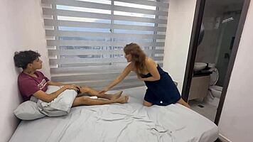 Curvy Latina milf catches masturbating step pounding missionary