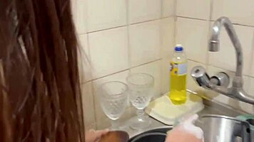 Skinny housewife teases her shaved pussy solo while cleaning house for intense orgasm