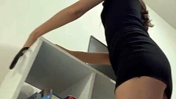 Skinny housewife teases her shaved pussy solo while cleaning house for intense orgasm