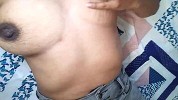 latina babe teases huge tits and soaks jeans with nipple massage excitement