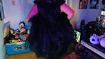 hotwife as merlina cosplay rides lover's cock squirting in kinky anal goth play