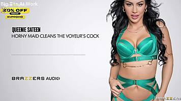 Horny maid queenie sateen worships voyeur's throbbing cock intimately