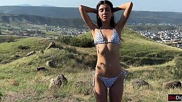 petite brunette takes mountain gangbang creampie from three guys