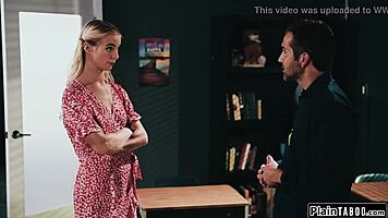 Creepy janitor licks hairy teen pussy then fucks hard