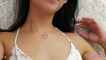 pretty horny brunette teen on sofa pov casting swallows after daddy massage