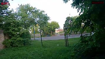 Risky public double handjob by petite italian doll