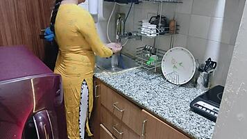 Horny Indian babe kitchen fuck with dirty talk