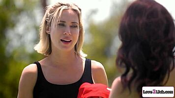 hey instructor dives tongue-first on blonde by the pool