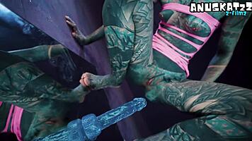 psychedelic hippies pip dive into wild dildo anal play