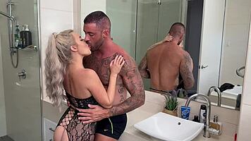 Amateur slut deepthroats then rides cock across bathroom and bedroom