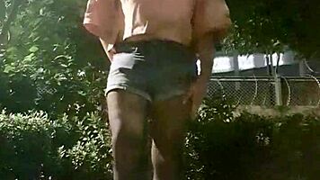 Taiwanese Shemale Strokes Stockings Legs Outdoor Cumshot