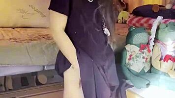 Petite exotic brunette with long hair does afternoon STRIP TEASE ripping clothes in stockings teasing small tits ass