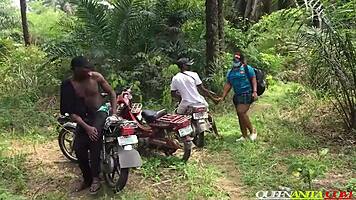 Lost university girl fucked every way by forest bikers