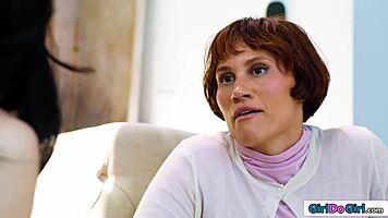 mature milf grabs her strapon ready for intense lesbian fingering and licking action