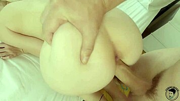 Big ass blonde amateur spreads cheeks for huge cock doggystyle first time pounding